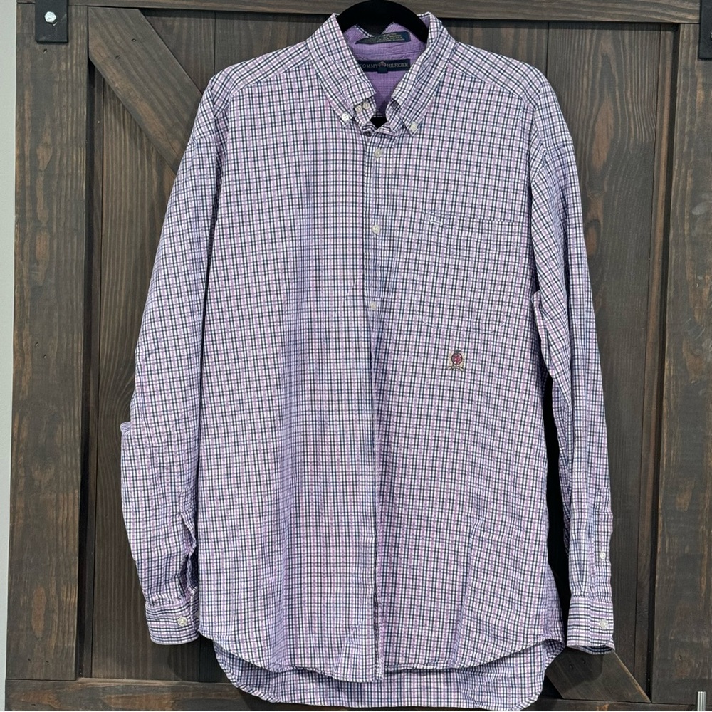 Tommy Hilfiger Men's Purple & Blue Plaid Button Down Seersucker Shirt Sz Large